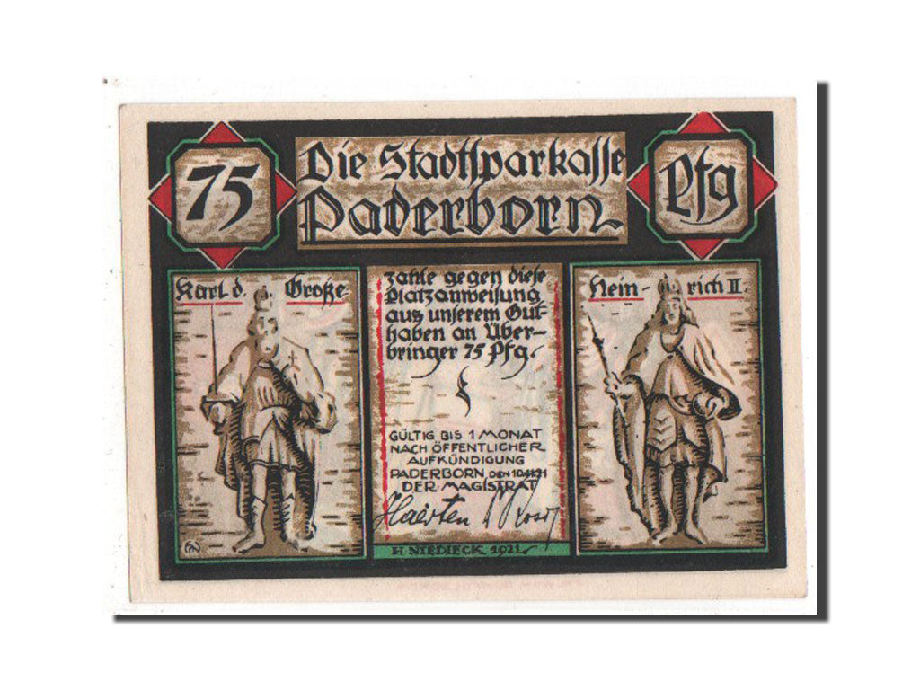 Banknote, Germany, Paderborn Stadt, 75 Pfennig, 1921, UNC(63), Mehl:1043.2