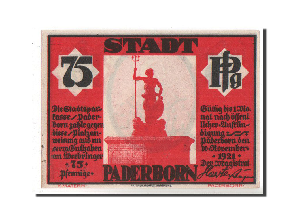 Billet, Allemagne, Paderborn Stadt, 75 Pfennig, 1921, SUP+, Mehl:1043.1