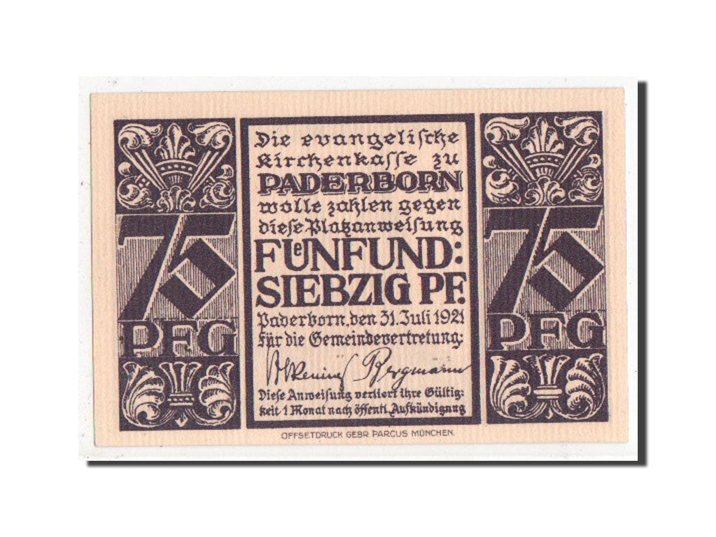 Banknote, Germany, Paderborn Stadt, 75 Pfennig, 1921, UNC(63), Mehl:1042.1