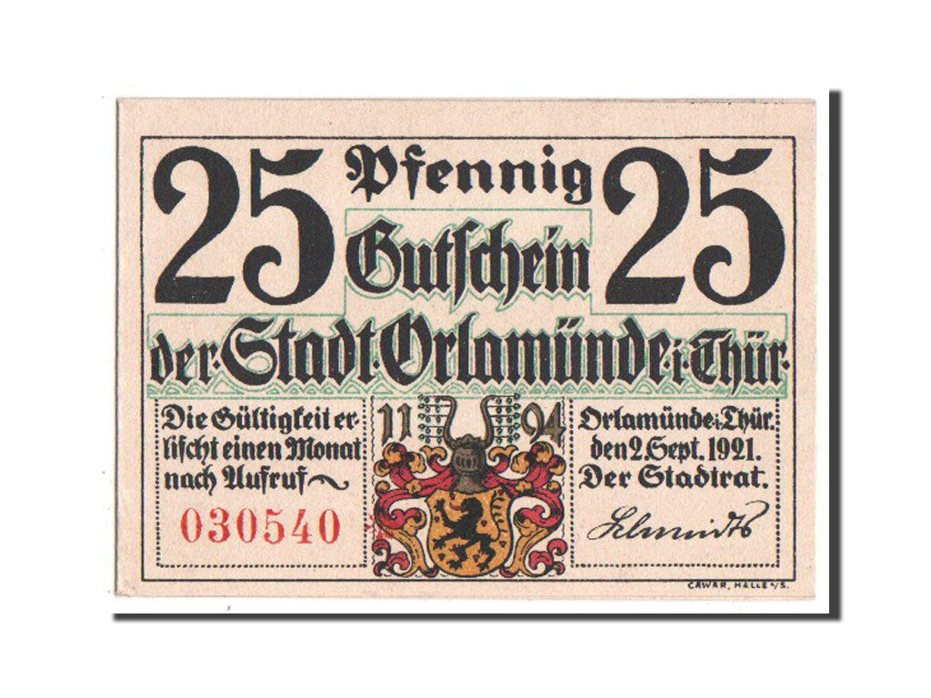 Banconote, Germania, Orlamunde Stadt, 25 Pfennig, 1921, SPL, Mehl:1025.1a