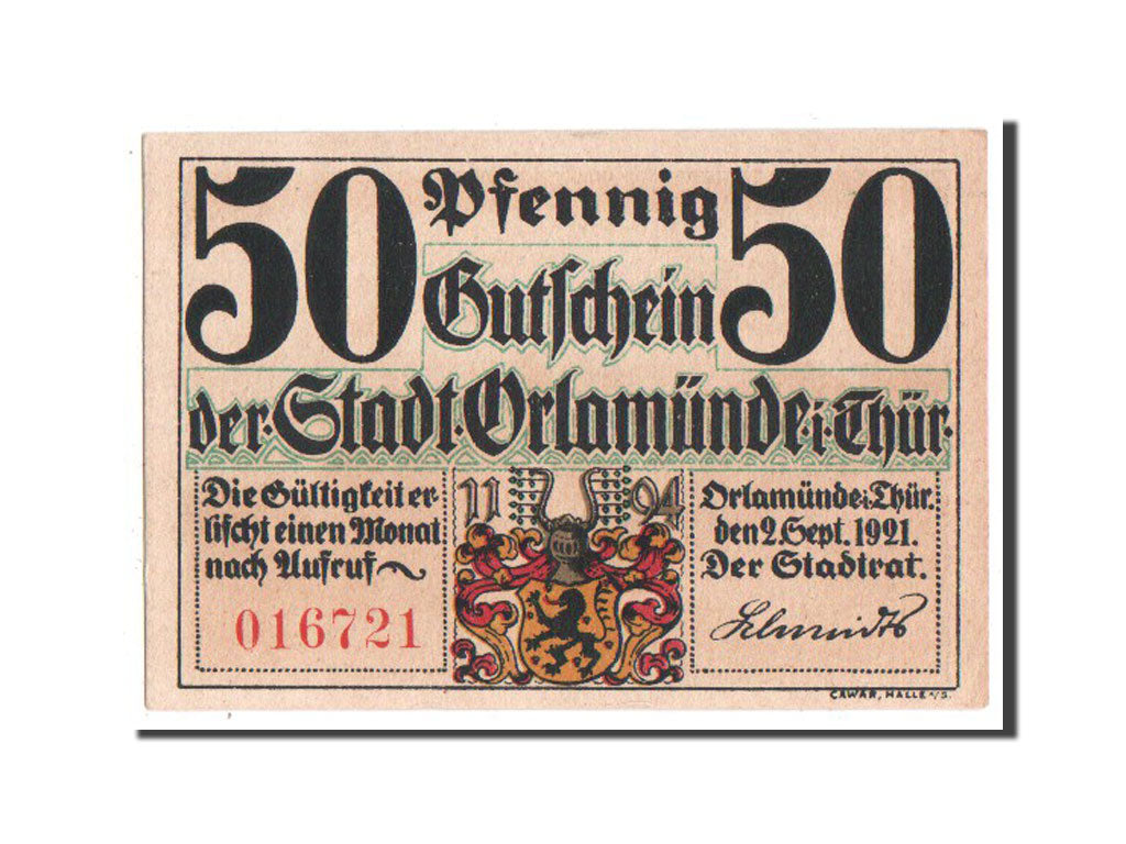 Geldschein, Deutschland, Orlamunde Stadt, 50 Pfennig, 1921, UNZ-, Mehl:1025.1a