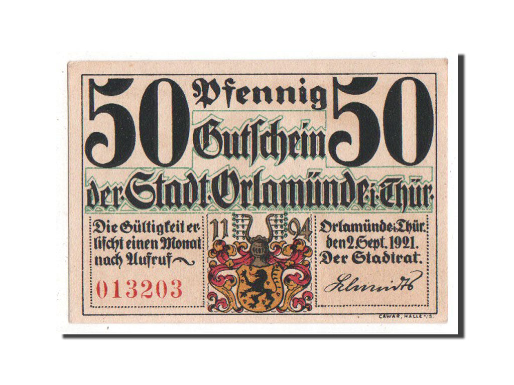 Banknote, Germany, Orlamunde Stadt, 50 Pfennig, 1921, UNC(63), Mehl:1025.1a
