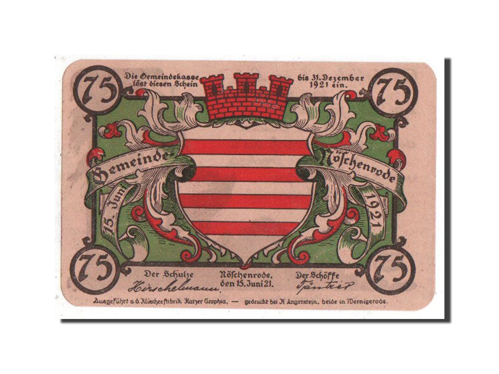 Banconote, Germania, Noschenrode Gemeinde, 75 Pfennig, 1921, SPL-, Mehl:980.11