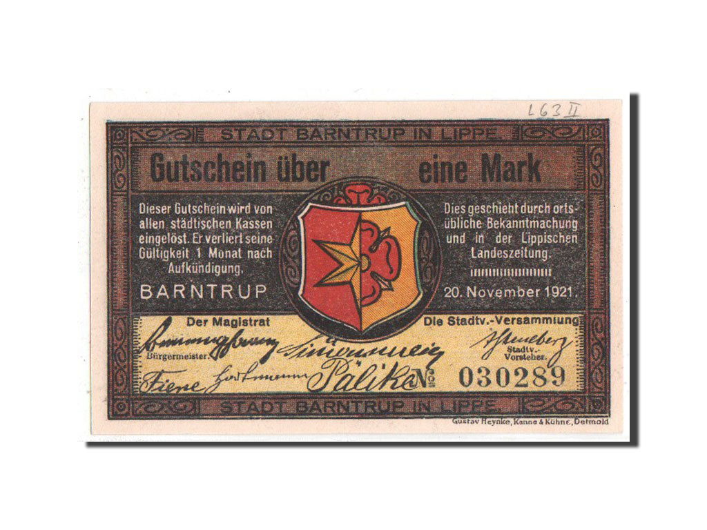 Banknote, Germany, Barntrup Stadt, 1 Mark, 1921, UNC(63), Mehl:66.2