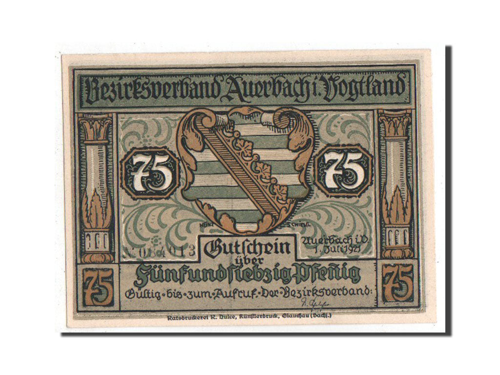 Banknote, Germany, Auerbach Amtshauptmannschaft, 75 Pfennig, 1921, UNC(63)