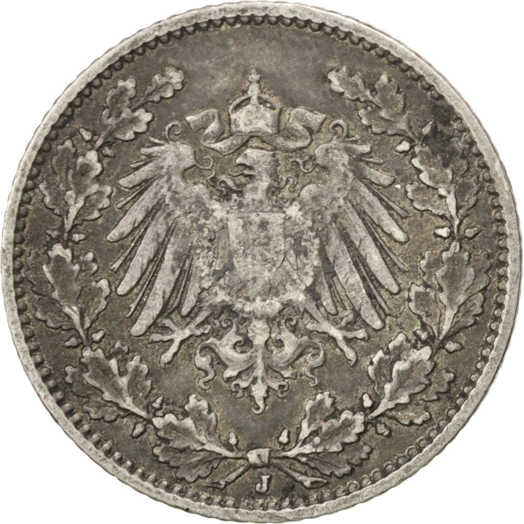 Coin, GERMANY - EMPIRE, 1/2 Mark, 1914, Hambourg, EF(40-45), Silver, KM:17
