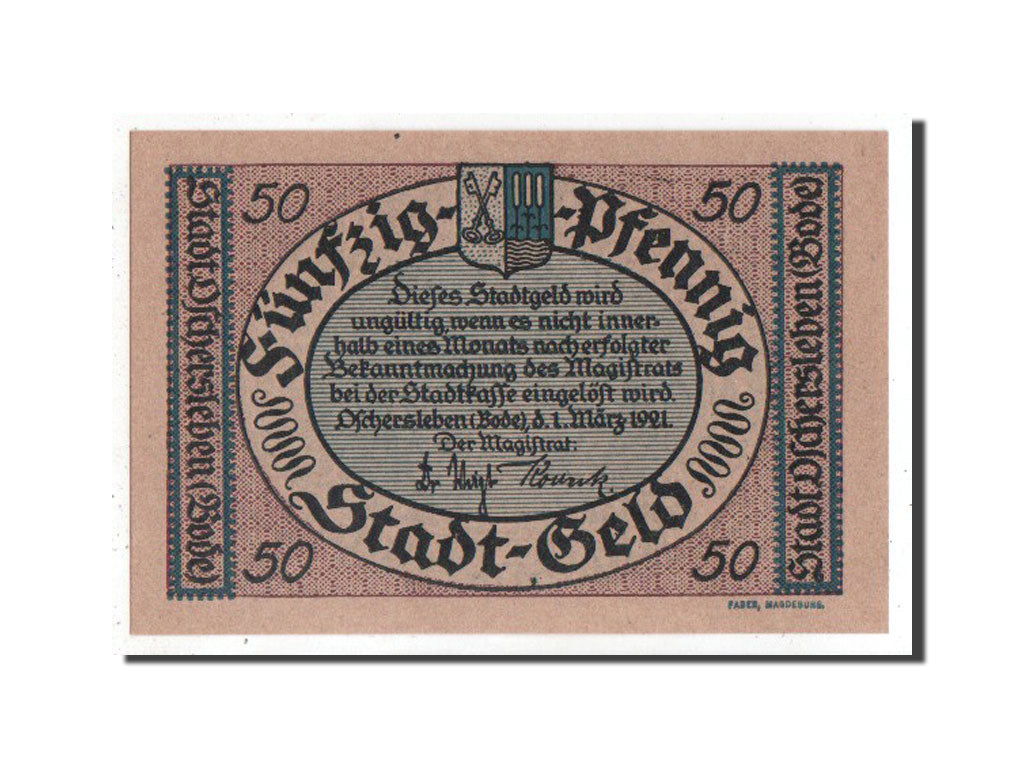 Banknote, Germany, Oschersleben a.Bode Stadt, 50 Pfennig, 1921, UNC(65-70)