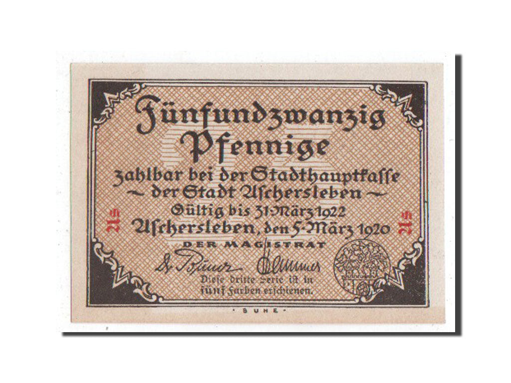 Banknote, Germany, Aschersleben, 25 Pfennig, 1920, UNC(65-70), Mehl:50.1