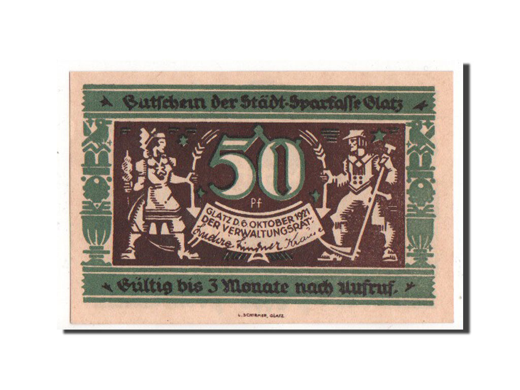 Banknote, Germany, Glatz, 50 Pfennig, 1921, UNC(63), Mehl:432