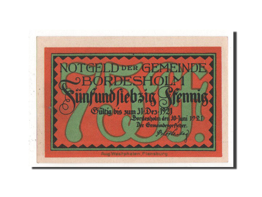 Banknote, Germany, Bordesholm, 75 Pfennig, 1921, UNC(60-62), Mehl:144.2