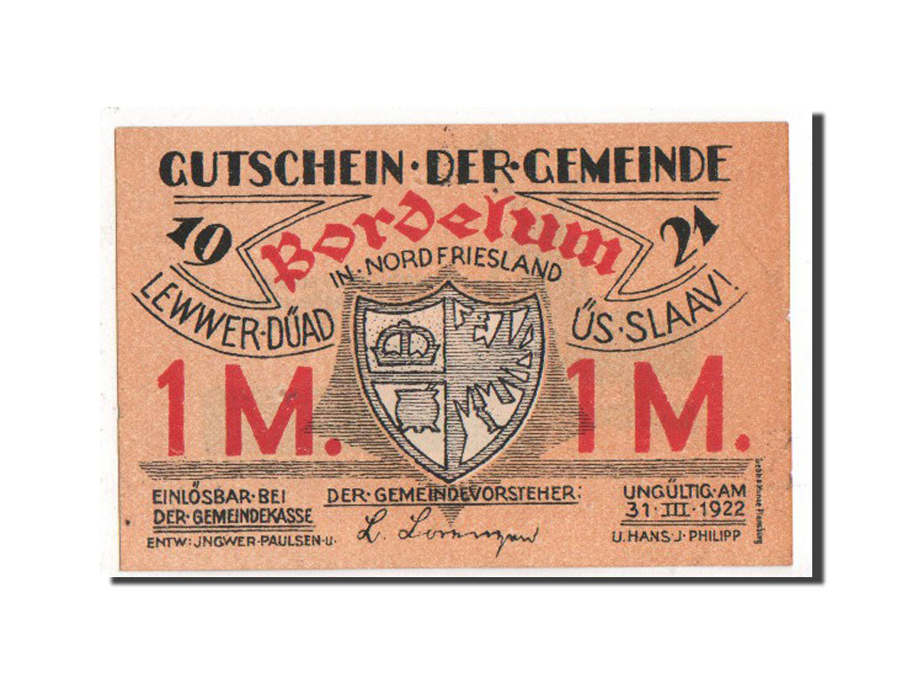 Banknote, Germany, Bordelum Gemeinde, 1 Mark, 1921, UNC(63), Mehl:143