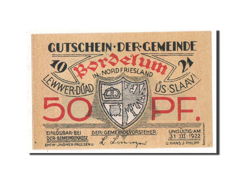 Banknote, Germany, Bordelum Gemeinde, 50 Pfennig, 1921, UNC(63), Mehl:143