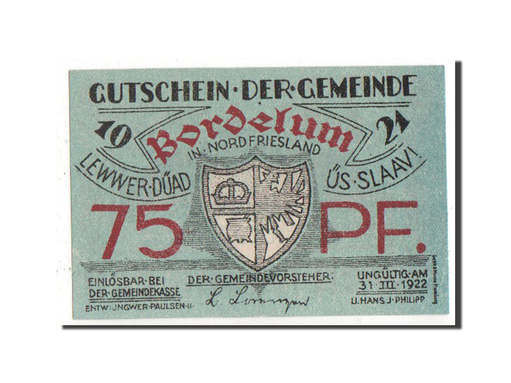 Banknote, Germany, Bordelum Gemeinde, 75 Pfennig, 1921, UNC(63), Mehl:143