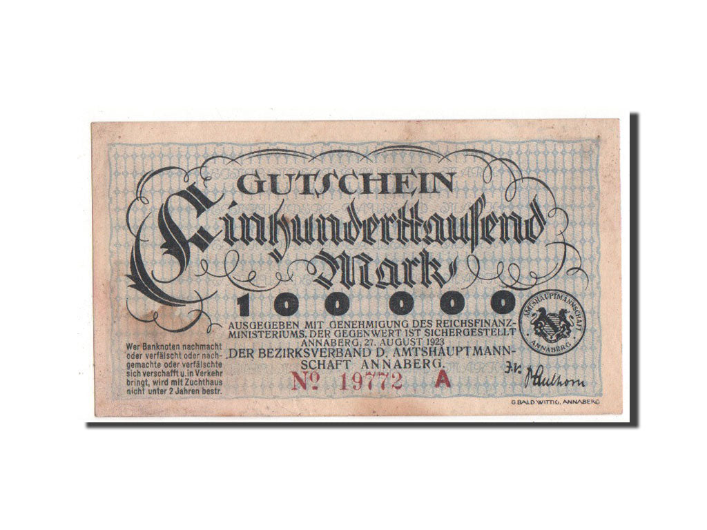 Banknote, Germany, Annaberg Stadt, 100 000 Mark, 1923, EF(40-45)