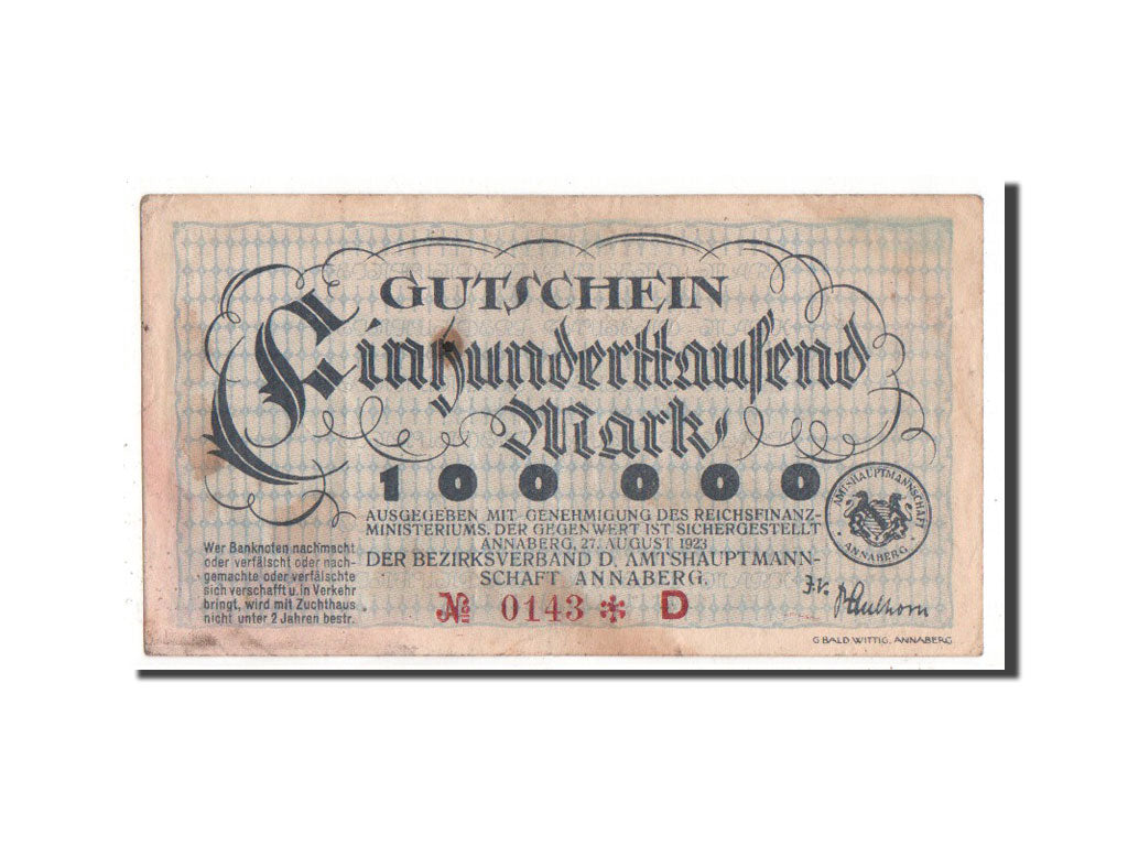 Banknote, Germany, Annaberg Stadt, 100 000 Mark, 1923, EF(40-45)