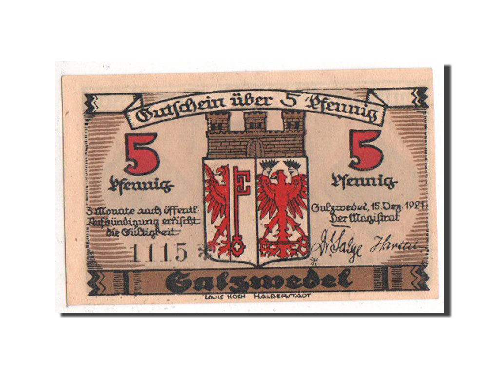 Banknote, Germany, Salzwedel, 5 Pfennig, 1921, UNC(63), Mehl:1162.2a