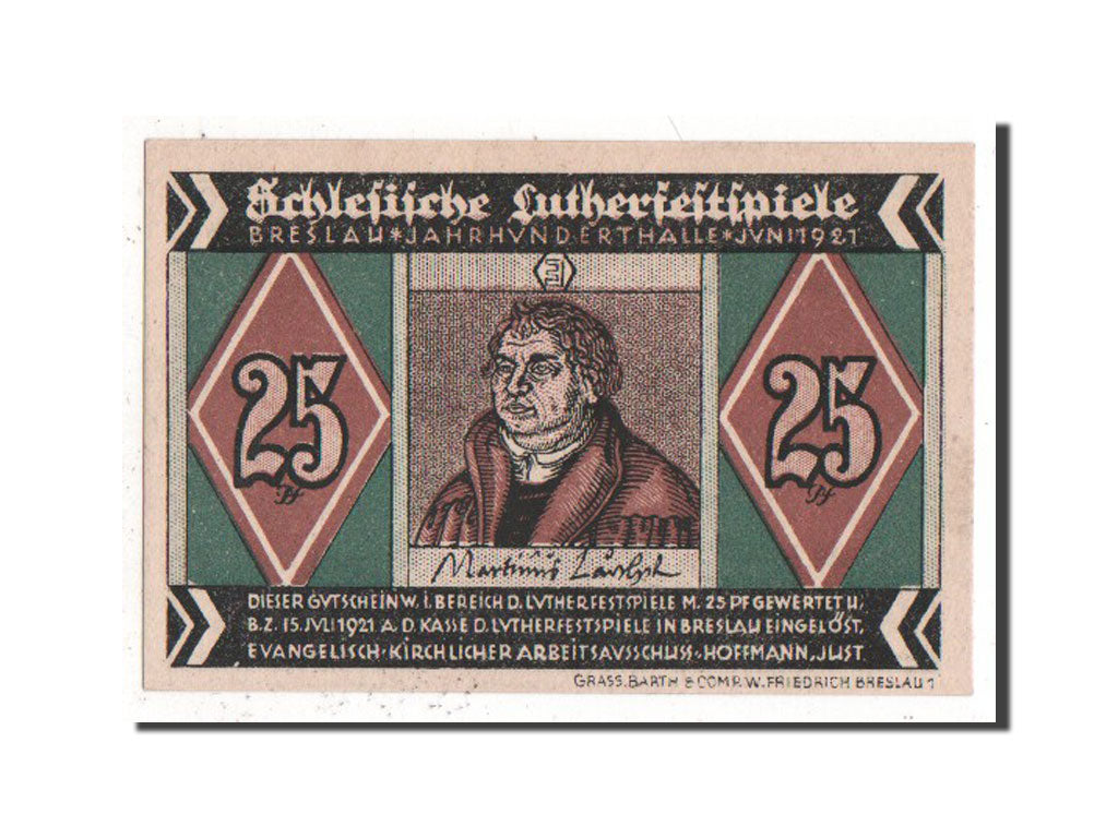 Banknote, Germany, Breslau Evangelisch Kirchlicher, 25 Pfennig, 1921