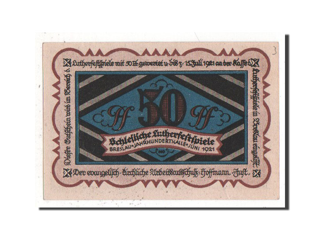 Banknote, Germany, Breslau Evangelisch Kirchlicher, 50 Pfennig, 1921