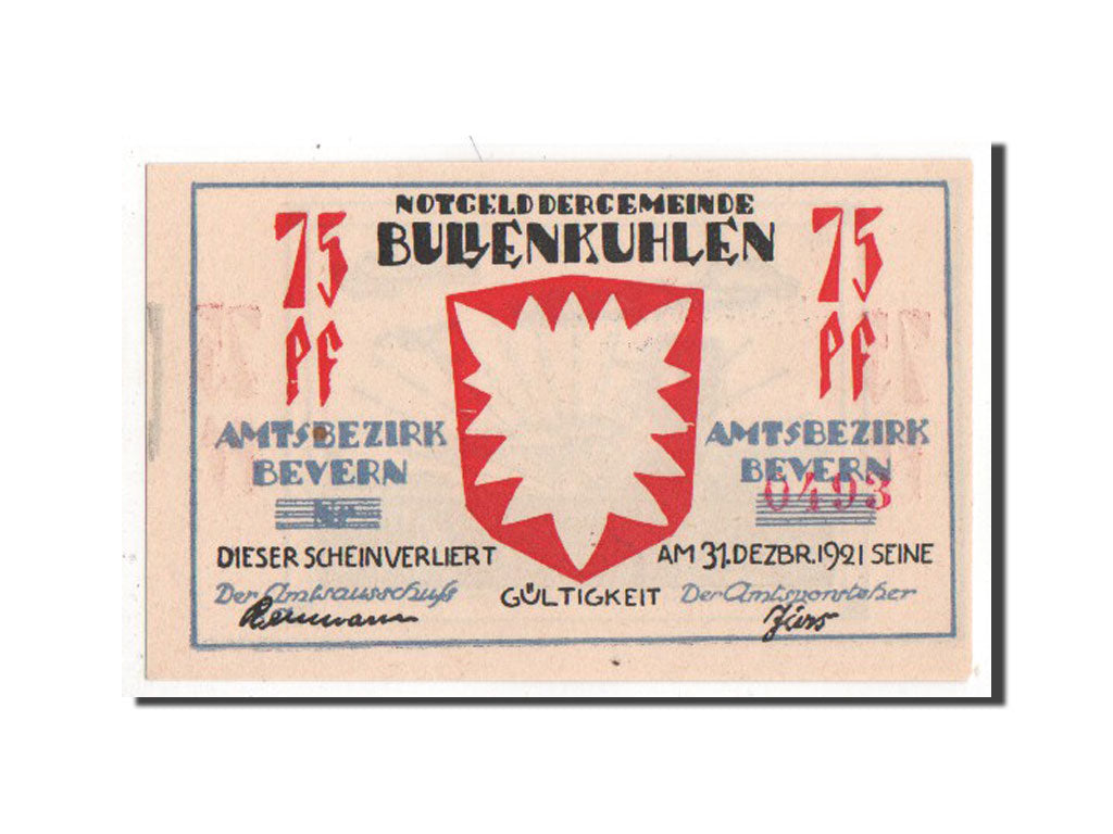 Banknote, Germany, Bullenkuhlen, 75 Pfennig, 1921, AU(55-58), Mehl:206.2a