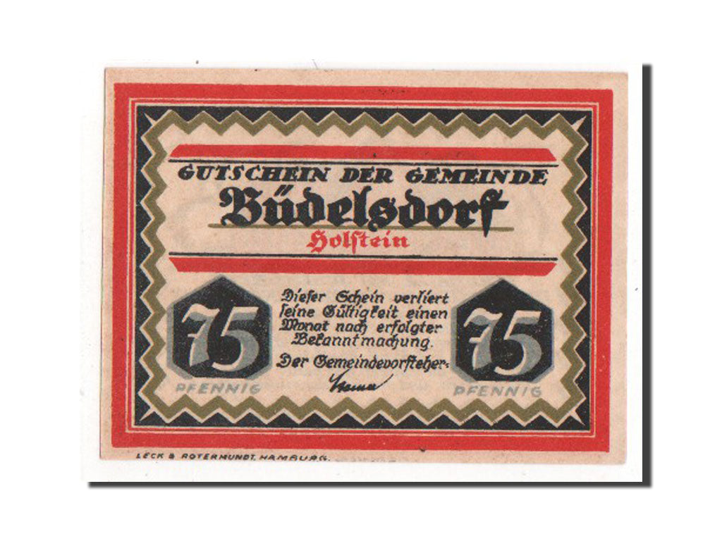 Geldschein, Deutschland, Budelsdorf Gemeinde, 75 Pfennig, 1921, VZ, Mehl:200.1