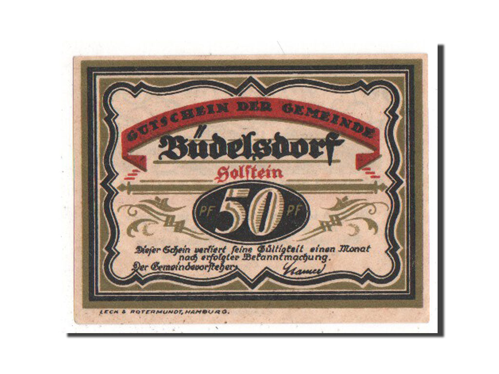 Banknote, Germany, Budelsdorf Gemeinde, 50 Pfennig, 1921, AU(55-58), Mehl:200.1