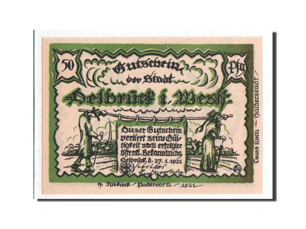 Banknote, Germany, Delbruck, 50 Pfennig, 1921, AU(55-58), Mehl:261.1
