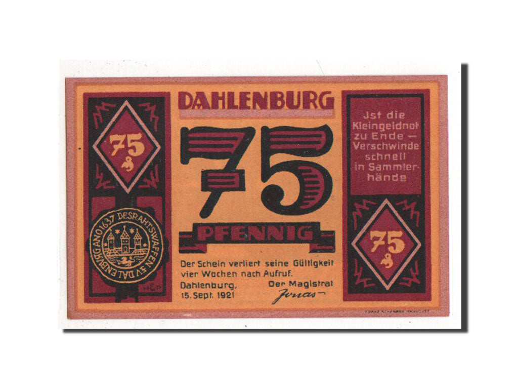 Banknote, Germany, Dahlenburg, 75 Pfennig, 1921, AU(55-58), Mehl:251.1