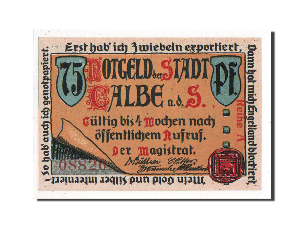 Banknote, Germany, Calbe a.d. Saale Stadt, 75 Pfennig, UNC(63), Mehl:213.1