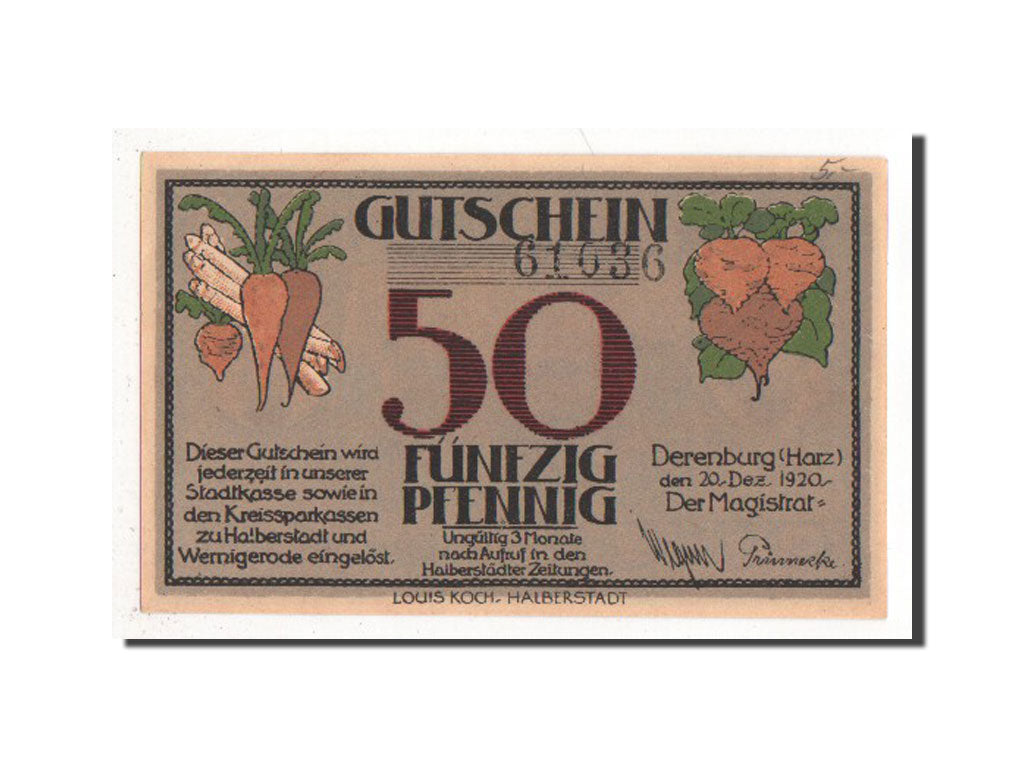 Banknote, Germany, Derenburg Stadt, 50 Pfennig, 1920, AU(55-58), Mehl:263.1