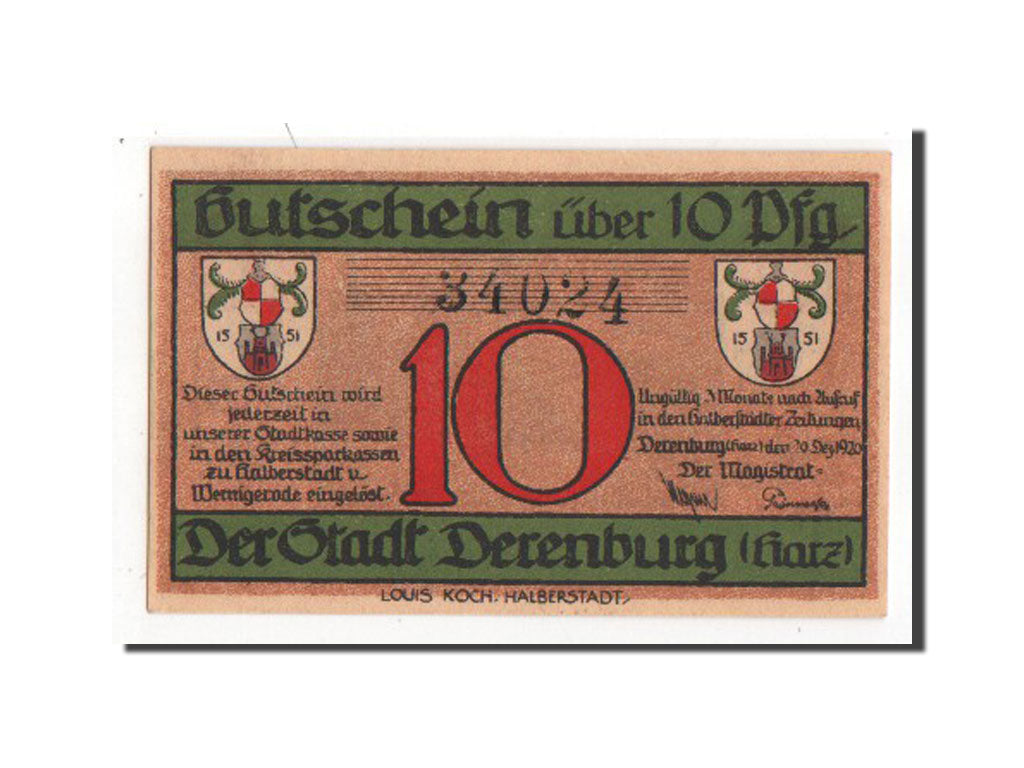Banknote, Germany, Derenburg Stadt, 10 Pfennig, 1920, UNC(60-62), Mehl:263.1