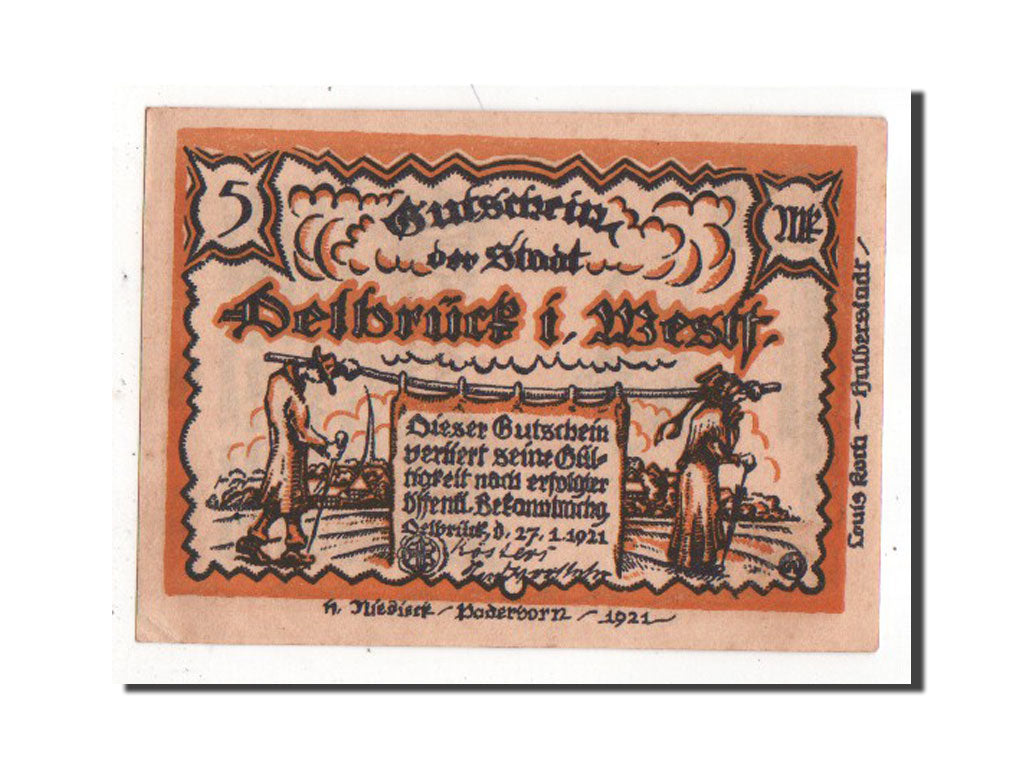 Banknote, Germany, Delbruck, 5 Mark, 1921, AU(55-58), Mehl:261.1