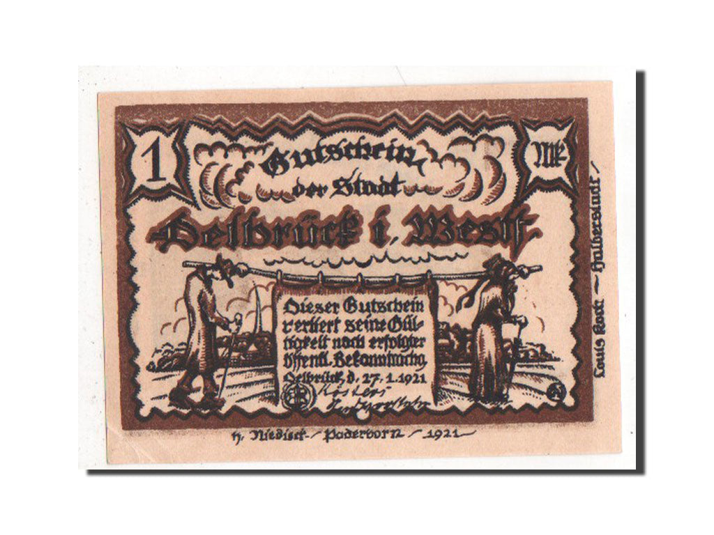Banknote, Germany, Delbruck, 1 Mark, 1921, AU(55-58), Mehl:261.1