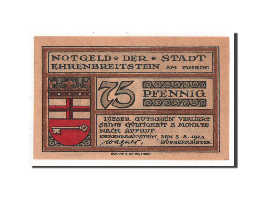 Banknote, Germany, Ehrenbreitstein Stadt, 75 Pfennig, 1921, AU(55-58)