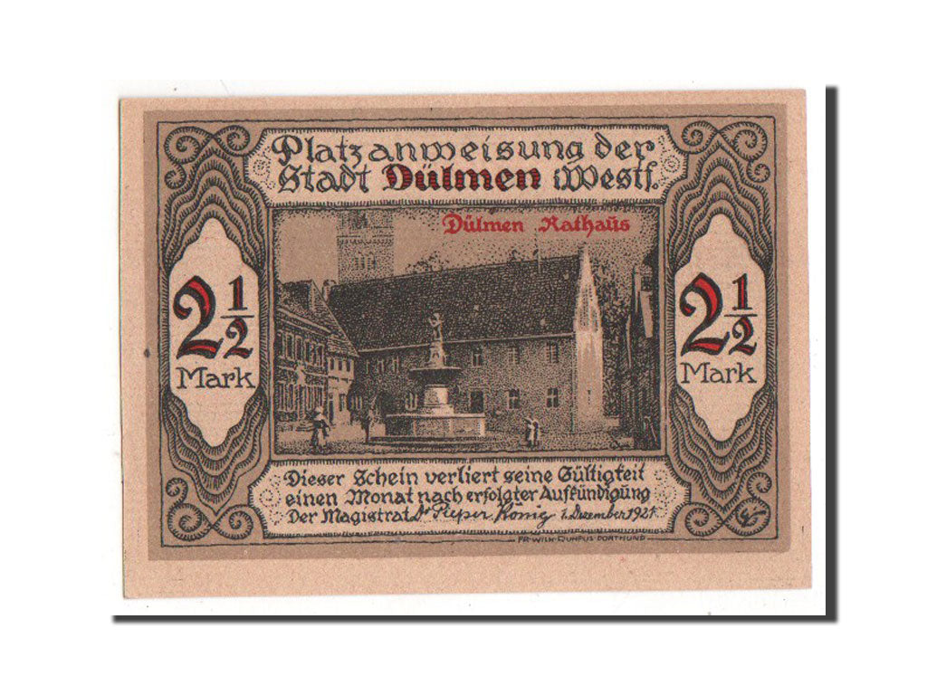 Banknote, Germany, Dulmen, 2.5 Mark, 1921, AU(55-58), Mehl:295.1a