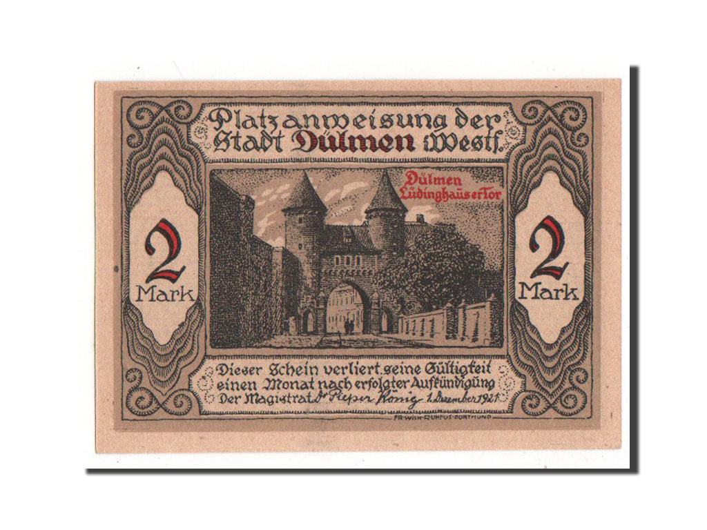 Banknote, Germany, Dulmen, 2 Mark, 1921, AU(55-58), Mehl:295.1a