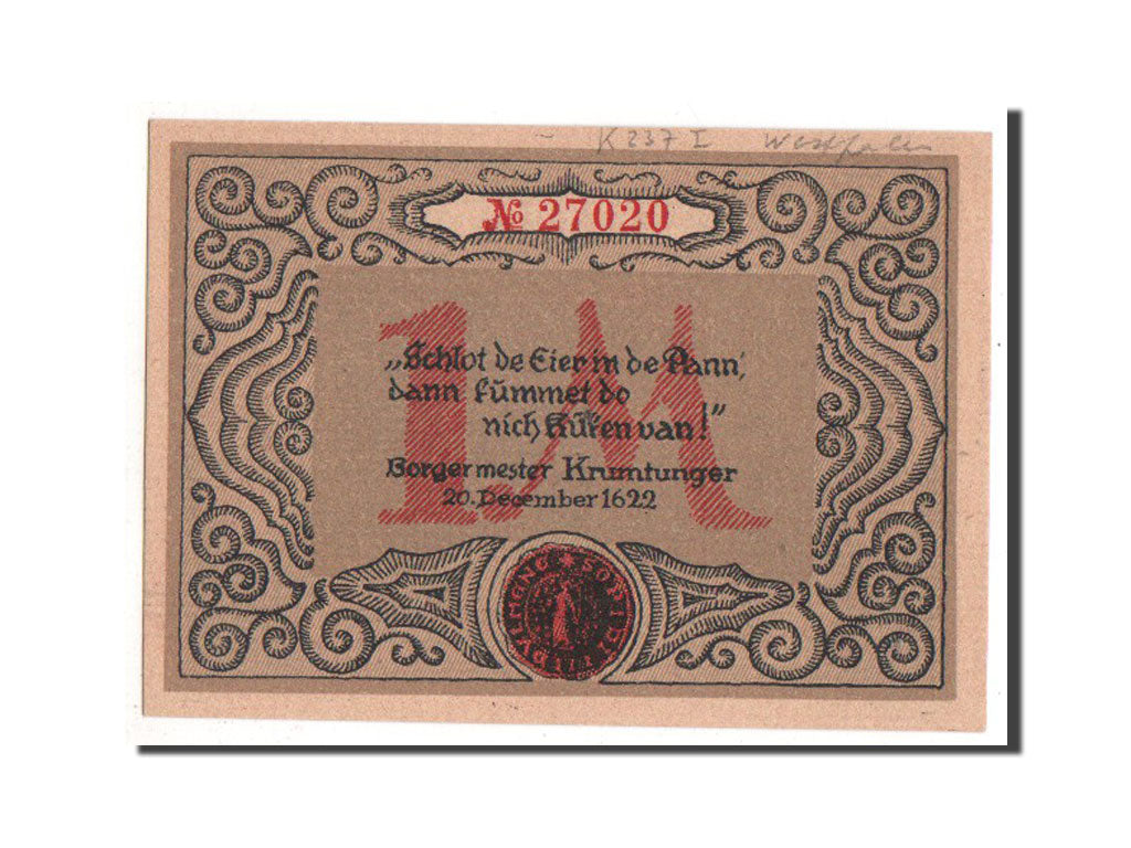 Banknote, Germany, Dulmen, 1 Mark, 1921, AU(55-58), Mehl:295.1a