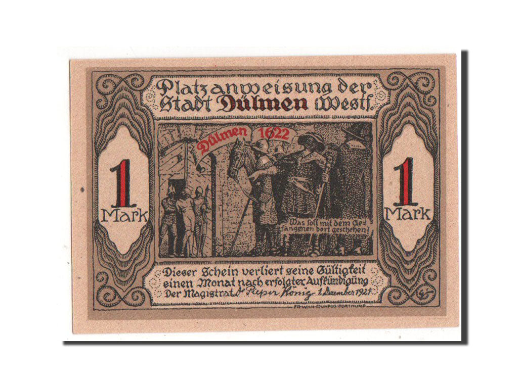 Banknote, Germany, Dulmen, 1 Mark, 1921, AU(55-58), Mehl:295.1a