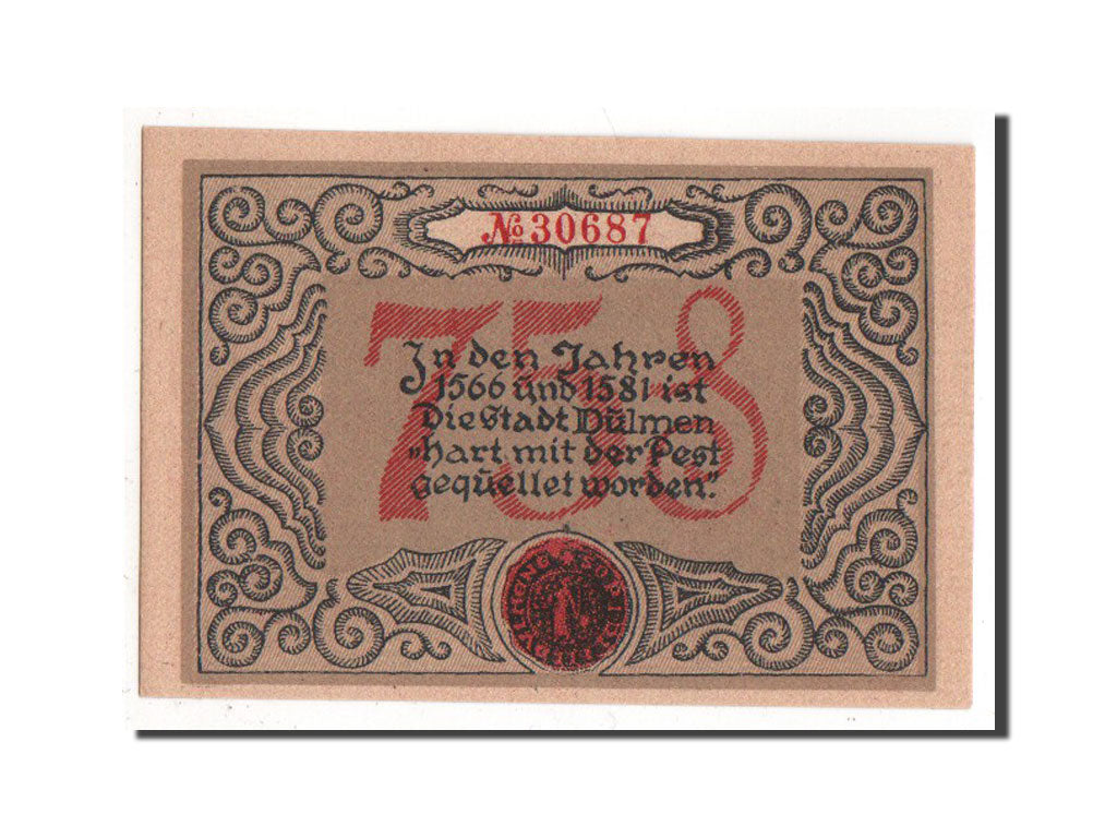 Banknote, Germany, Dulmen, 75 Pfennig, 1921, AU(55-58), Mehl:295.1a