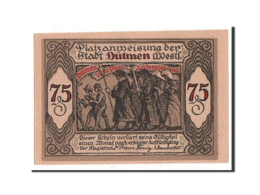 Banknote, Germany, Dulmen, 75 Pfennig, 1921, AU(55-58), Mehl:295.1a