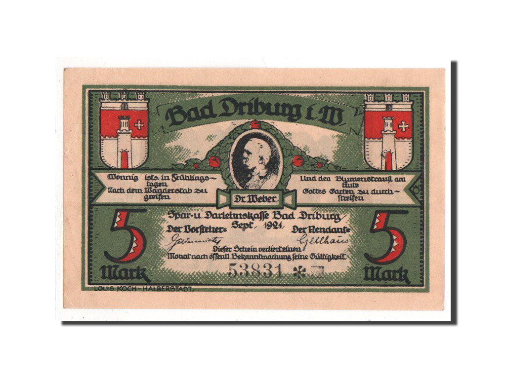 Geldschein, Deutschland, Driburg Bad, 5 Mark, 1921, 1921-09-01, VZ, Mehl:292.1a