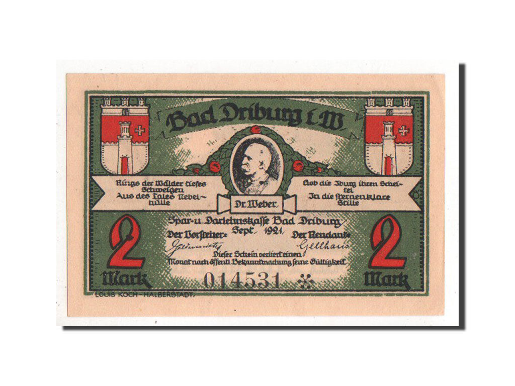 Billet, Allemagne, Driburg Bad, 2 Mark, 1921, 1921-09-01, SUP, Mehl:292.1a