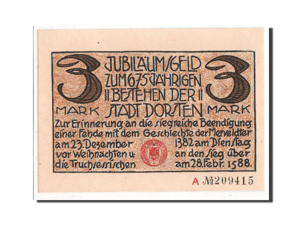 Banknote, Germany, Dorsten, 3 Mark, AU(55-58), Mehl:282.1