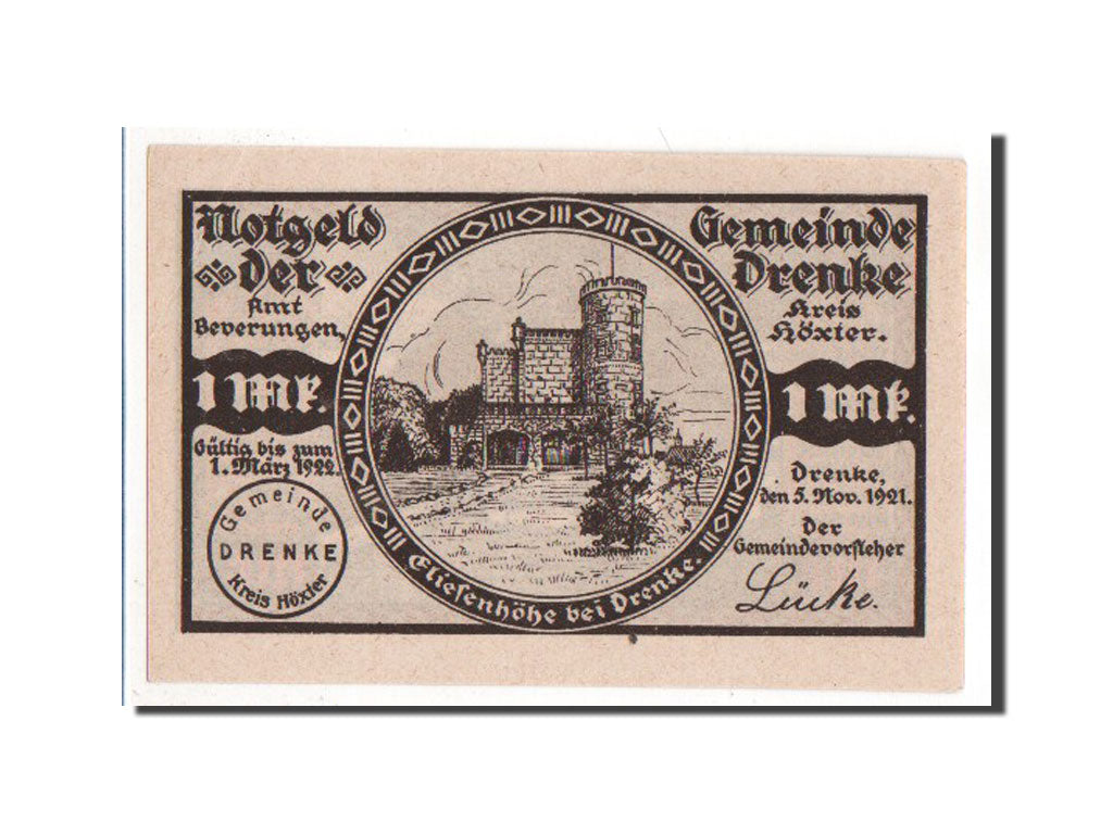 Banknote, Germany, Drenke Gemeinde, 1 Mark, 1921, AU(55-58), Mehl:287.1