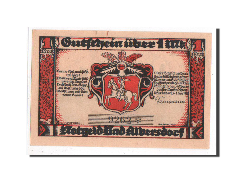 Banknote, Germany, Albersdorf Bad Gemeinde, 1 Mark, 1922, AU(55-58), Mehl:9.1