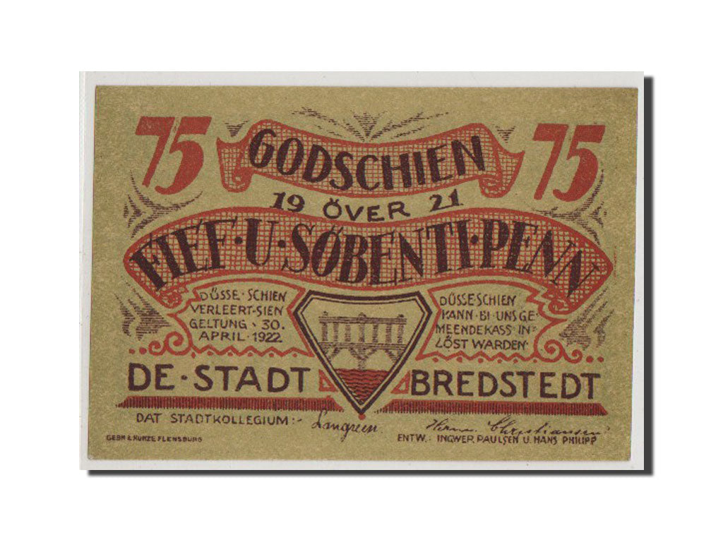 Banknote, Germany, Bredstedt, 75 Pfennig, 1921, AU(55-58), Mehl:159.1