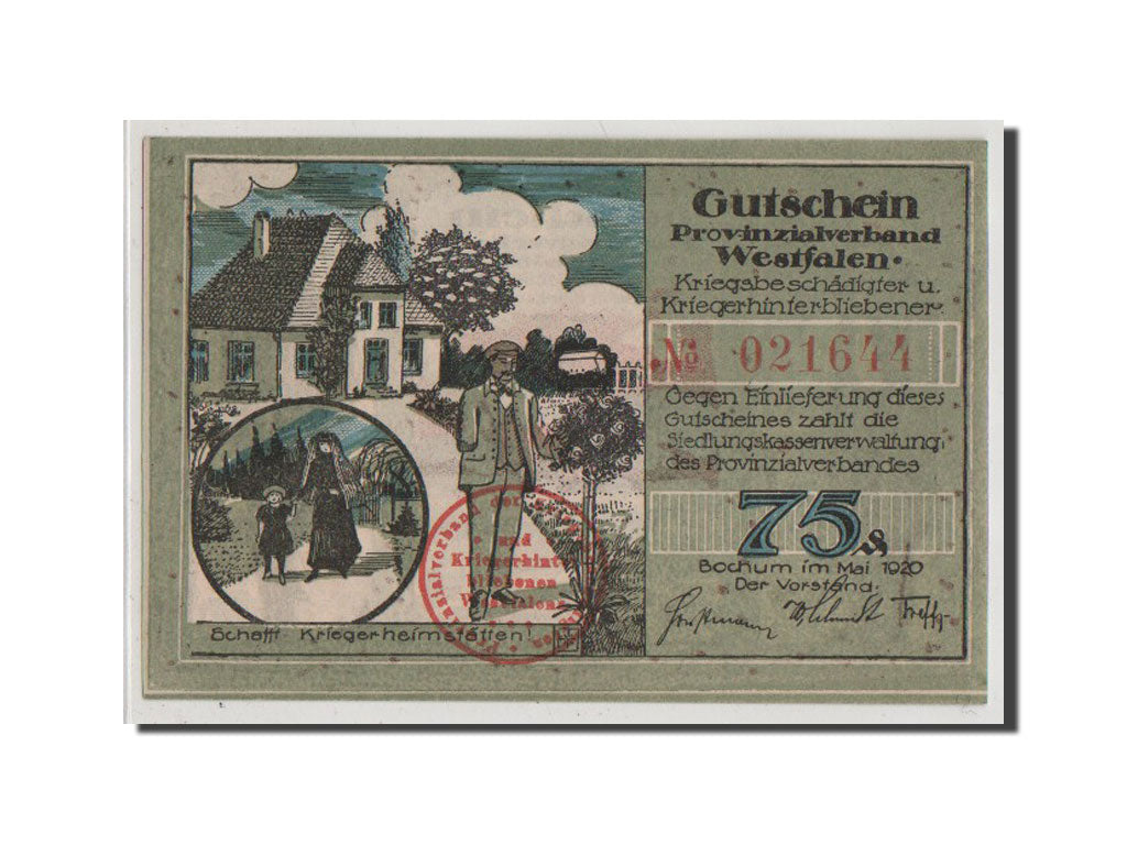 Banknote, Germany, Bochum Provinzialverband Kriegsbeschadigter, 75 Pfennig
