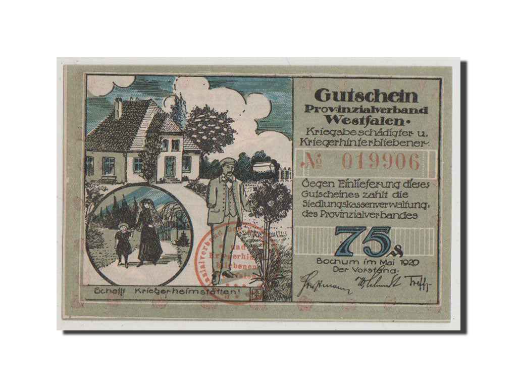 Banknote, Germany, Bochum Provinzialverband Kriegsbeschadigter, 75 Pfennig