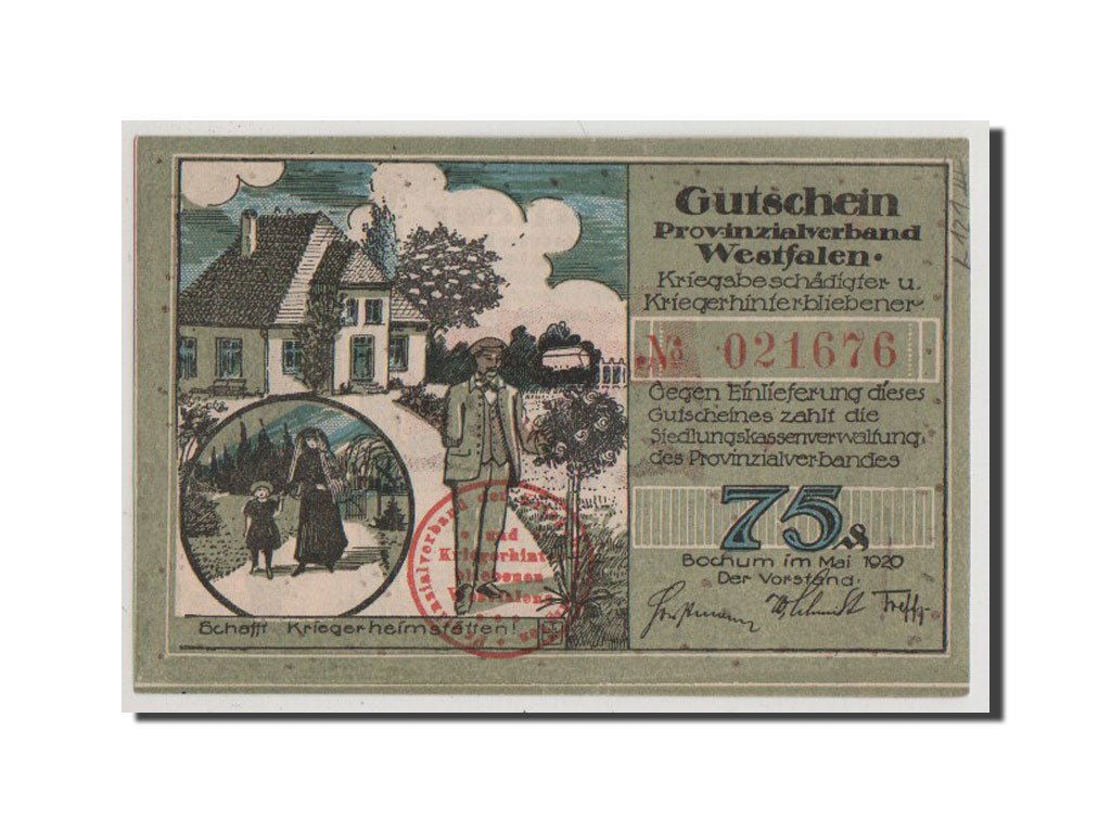 Banknote, Germany, Bochum Provinzialverband Kriegsbeschadigter, 75 Pfennig