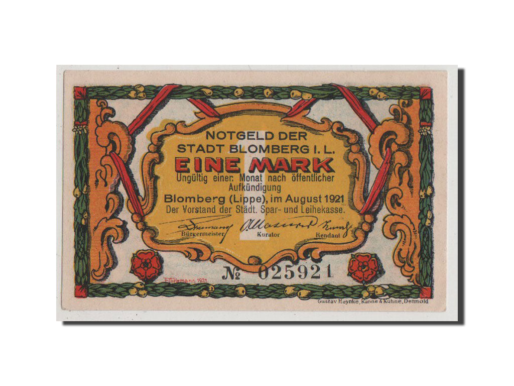 Banknote, Germany, Blomberg, 1 Mark, 1921, 1921-08-01, AU(55-58), Mehl:122.2a