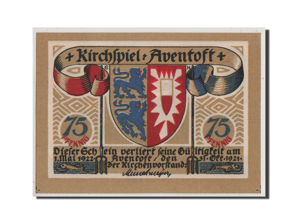 Geldschein, Deutschland, Aventoft Kirchenvorstand, 75 Pfennig, 1921, VZ